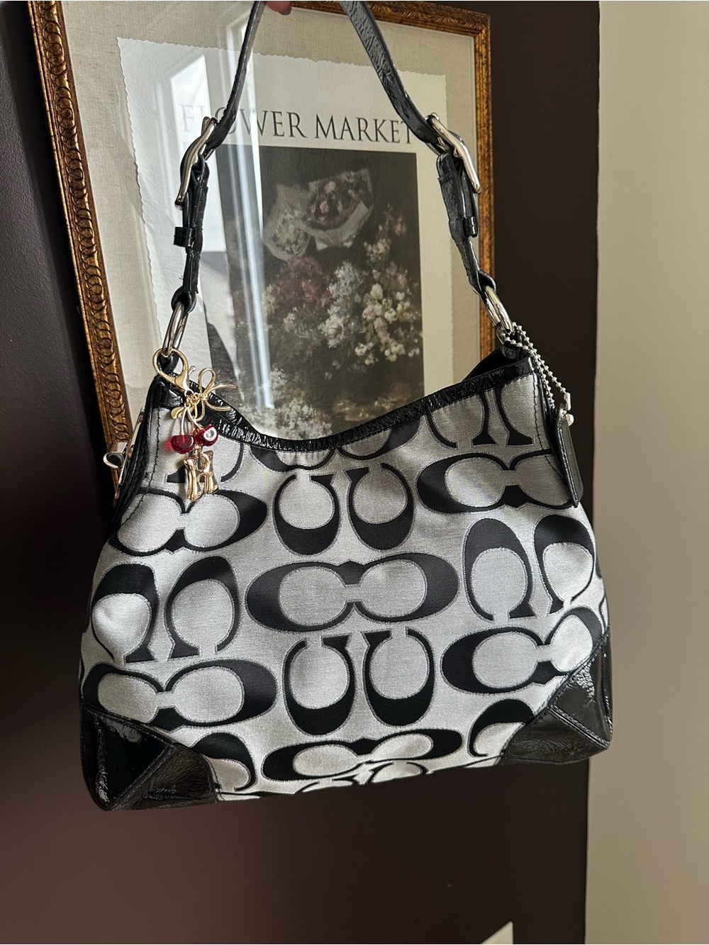 Coach Y2K Op Art Signature Hobo Bag Black Grey Patent Leather